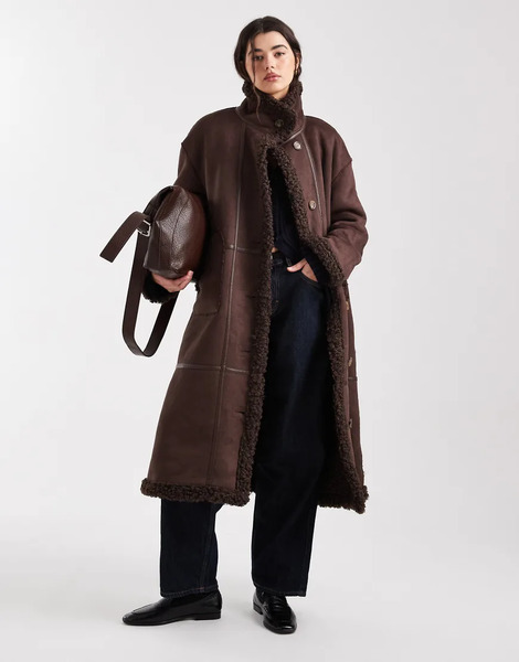  Object Borg Lined Faux Shearling Reversible Maxi Coat In Chocolate Brown 