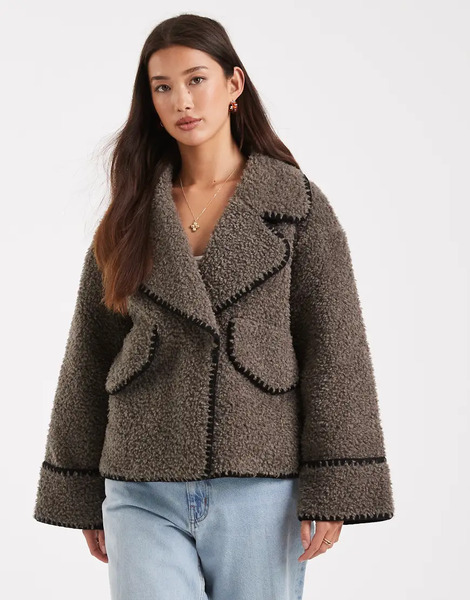  Object Borg Teddy Aviator Jacket With Contrast Stitch In Brown Black 
