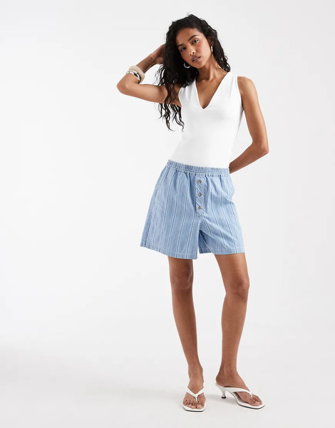  Object Boxer Style Denim Shorts In Light Blue Stripe Print 