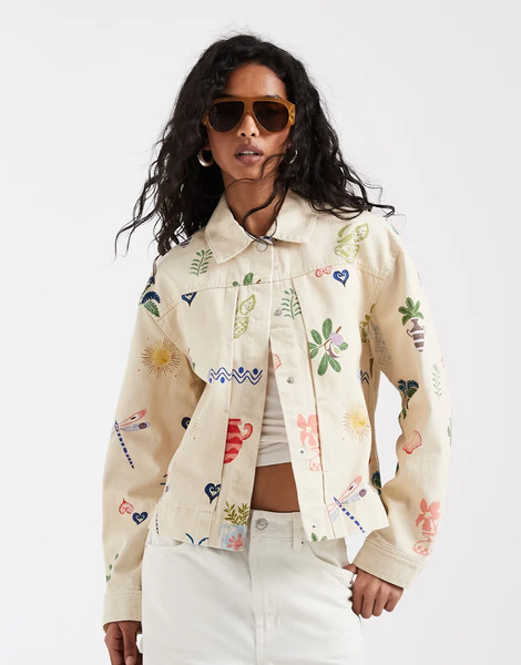  Object Boxy Denim Jacket In Cream Based Summer Conversational Print Multi 