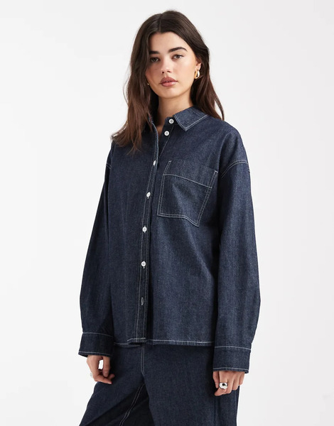  Object Buton Down Denim Top Co Ord In Rinse Denim Navy 