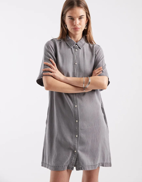  Object Button Down Mini Dress In Light Grey Denim 