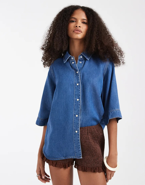  Object Button Down 2/4 Sleeve Top In Mid Blue Denim 