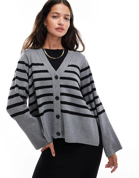  Object Button Through Knitted Cardigan In Grey With Black Stripe Multi 