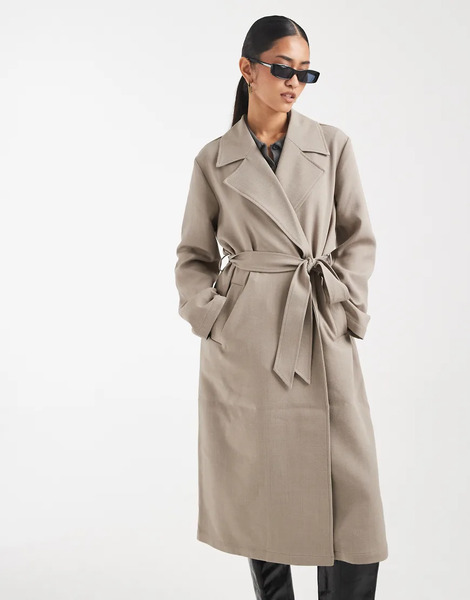  Object Clean Lightweight Tailored Tie Waist Trench Coat In Taupe Neutral 
