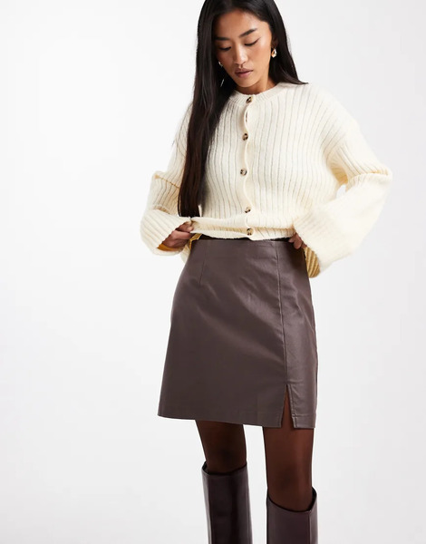  Object Coated Leather Look Mini Skirt In Chocolate Brown 