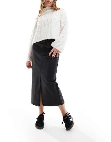  Object Coated Midi Skirt With Split Front In Black 