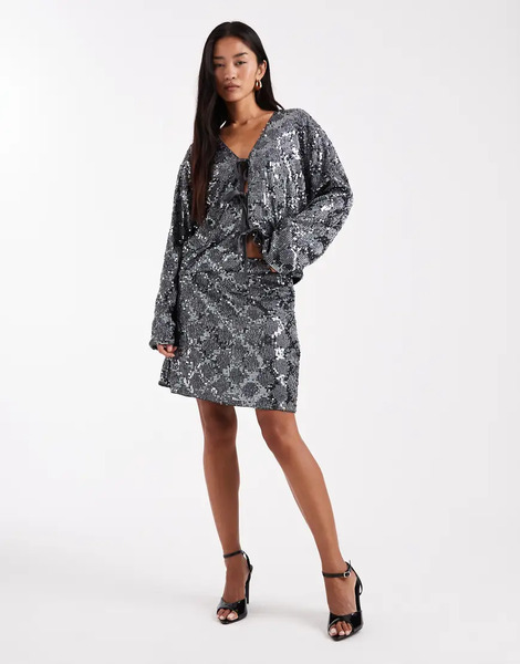  Object Contrast Sequin Mini Skirt Co Ord In Dark Silver Brown 