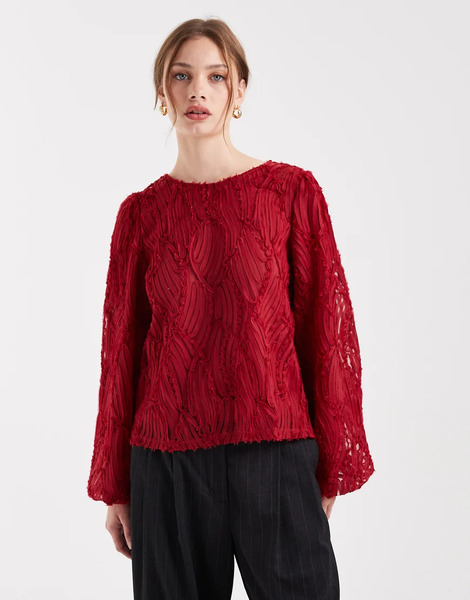  Object 3d Textured Long Sleeve Top In Red 
