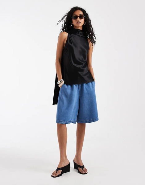  Object Drapey Chambray Tie Waist Longline Shorts In Light Blue Denim 