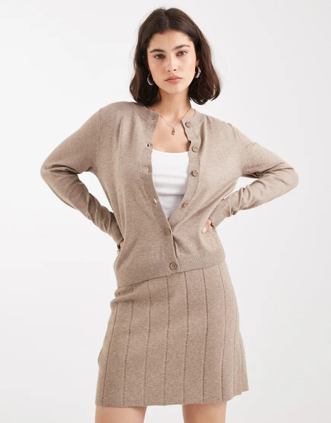  Object Fine Gauge Cardigan Co Ord In Taupe Melange Neutral 