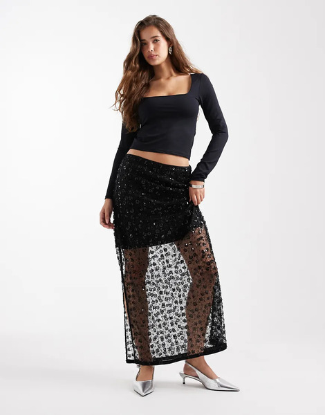  Object Floral Embellished Sequin Midi Skirt In Black 