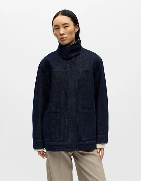 Object Funnel Neck Denim Jacket With Contrast Collar In Dark Blue 