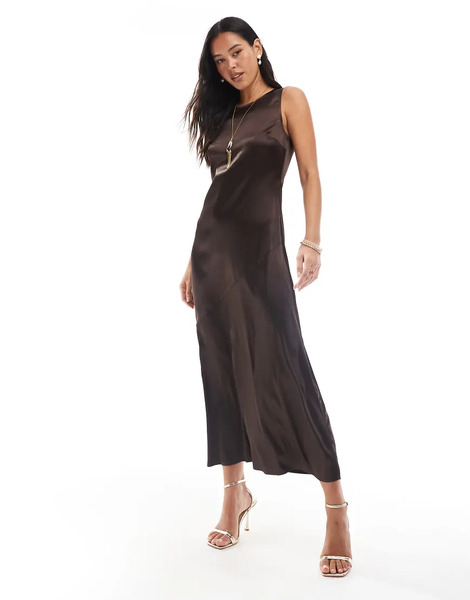  Object High Neck Textured Satin Maxi Dress In Chocolate Brown 