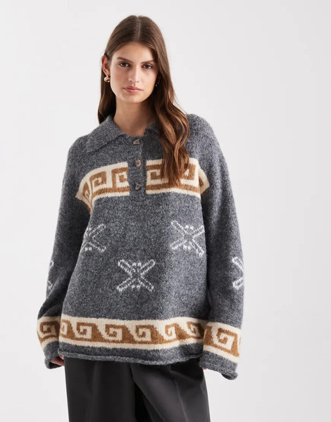 Object Jacquard Print Oversized Knitted Polo In Medium Grey Melange 