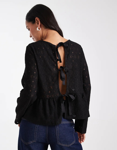  Object Jersey Lace Peplum Hem Top With Bow Tie Back Detail In Black 