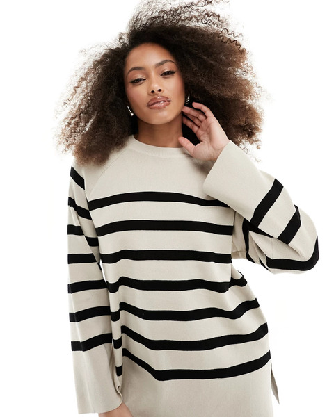  Object Knitted Round Neck Jumper In Cream Mono Stripe Multi 