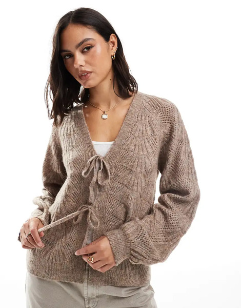  Object Knitted Tie Front Cardigan In Desert Taupe Neutral 
