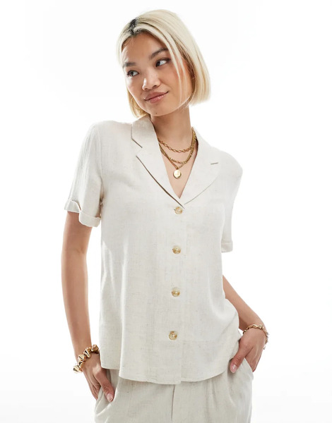  Object Linen Touch Shirt Co Ord In Cream White 