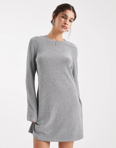  Object Long Sleeve Glitter Mini Dress In Silver 
