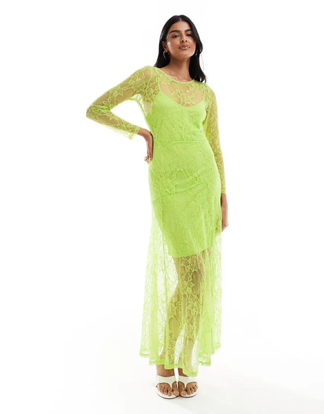  Object Long Sleeve Sheer Lace Maxi Dress In Lime Green 