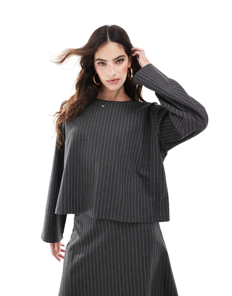  Object Long Sleeved Top Co Ord In Grey Pinstripe 