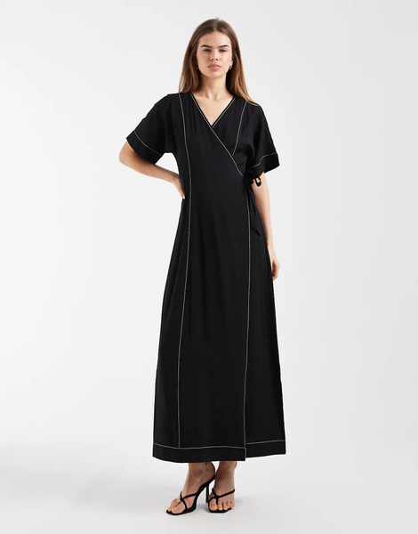 Object Long Wrap Maxi Dress In Black With Cream Contrast Stitch 