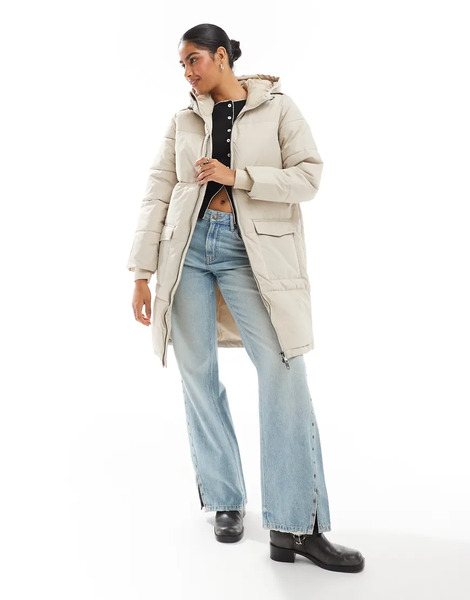 Object Longline Hooded Puffer Jacket In Silver Grey White 