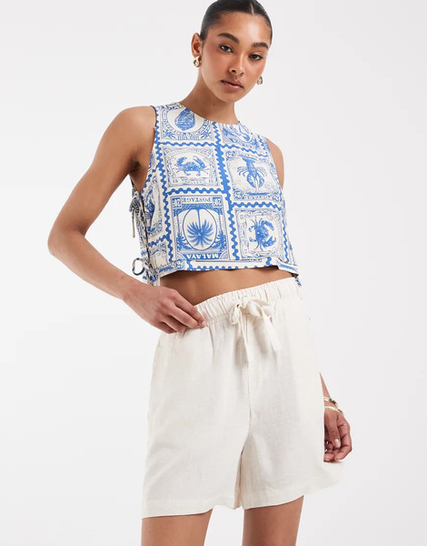  Object Loose Tie Waist Linen Touch Shorts In Sandshell Neutral 