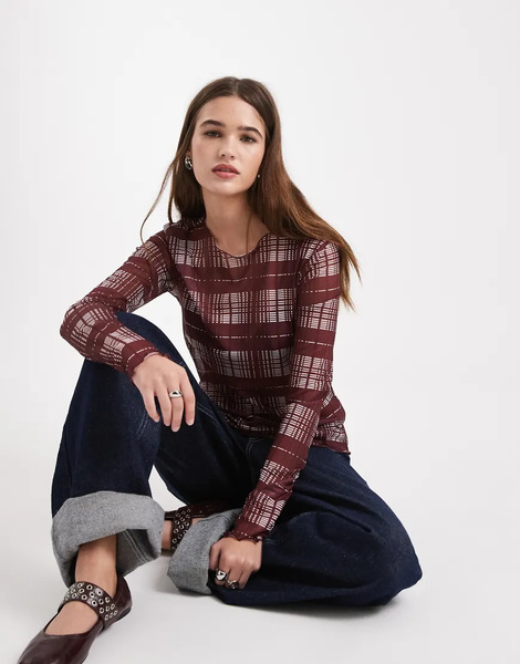  Object Mesh Long Sleeve Top In Burgundy Check Print Red 