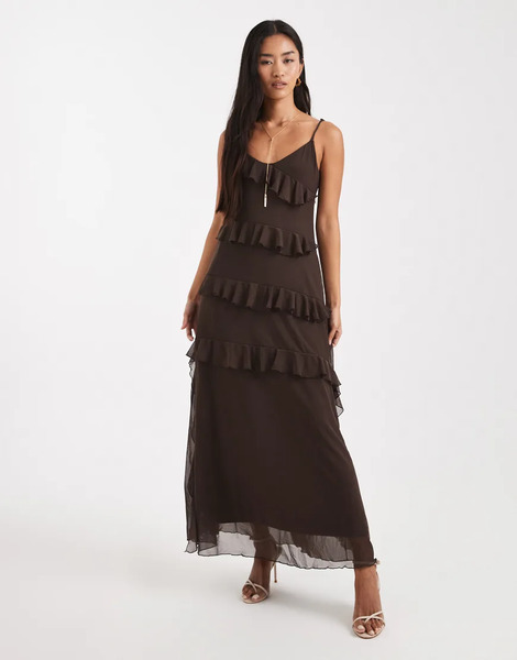 Object Mesh Ruffle Cami Maxi Dress In Chocolate Brown 