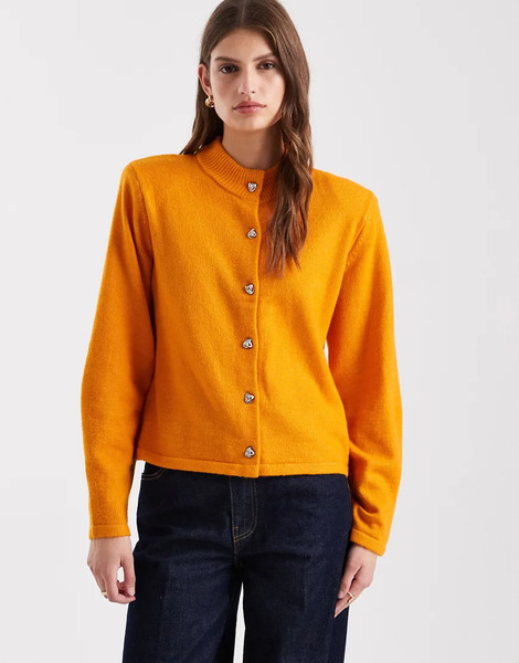  Object Molten Metal Button Cardigan With Shoulder Pads In Desert Orange 