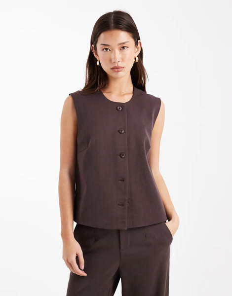  Object O Neck Waistcoat Co Ord In Chocolate Brown 