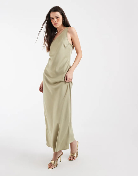  Object One Shoulder Satin Maxi Dress In Sage Green 