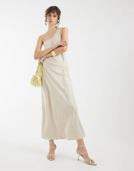  Object One Shoulder Satin Maxi Dress In Sandshell White 