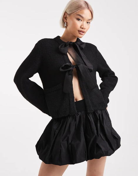  Object Oversized Satin Bow Knitted Cardigan In Black 