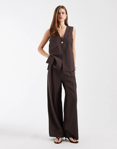  Object Pleat Front Wide Leg Tailored Trouser Co Ord In Chocolate Brown 