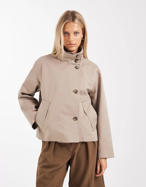  Object Premium Button Front Short Trench Jacket In Taupe Neutral 