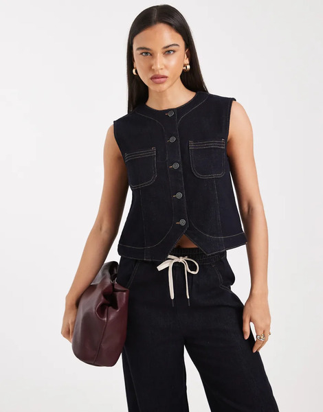  Object Premium Denim Sleeveless Button Front Top Co Ord In Indigo Rinse Blue 