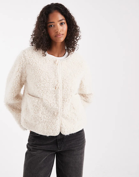  Object Premium Fluffy Borg Duffle Style Cropped Jacket In Cream White 