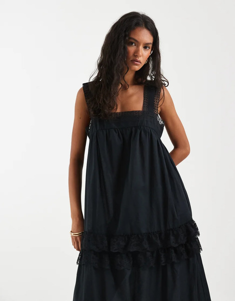 Object Premium Lace And Ruffle Trim Tiered Boho Maxi Dress In Black 