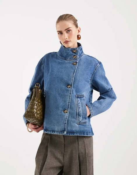  Object Premium Soft Button Front Short Denim Jacket In Mid Blue Denim 