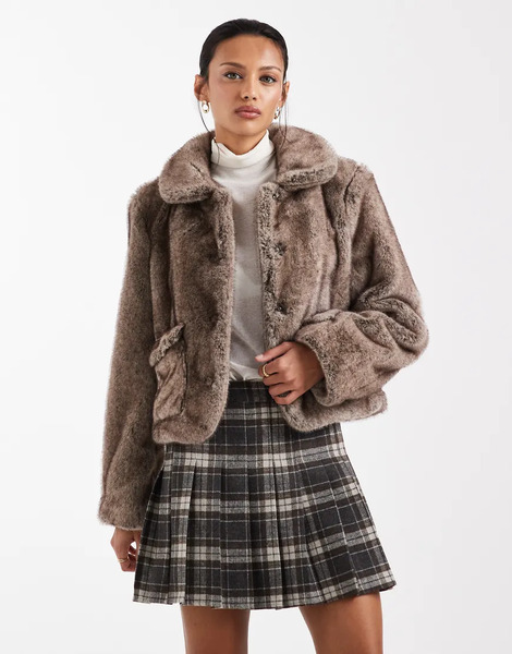  Object Premium Super Soft Faux Fur Cropped Jacket In Light Brown 
