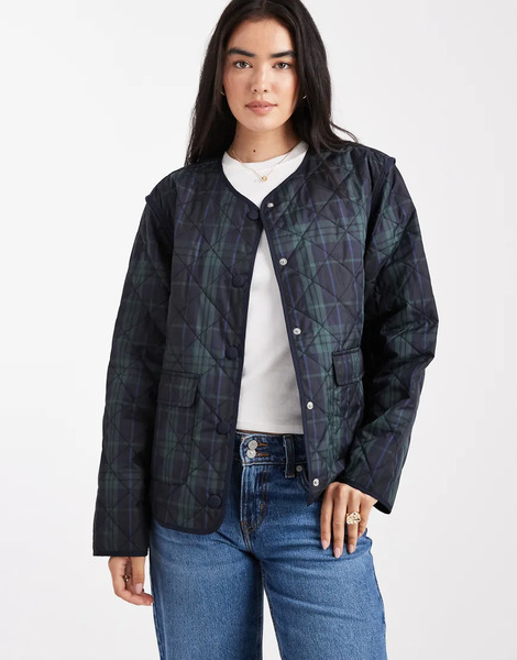  Object Quilted Check Jacket In Dark Green And Navy 