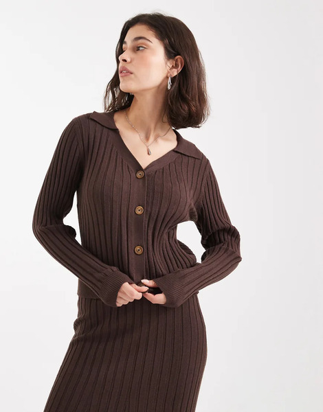  Object Rib Knitted Button Front Polo Co Ord In Chocolate Brown 