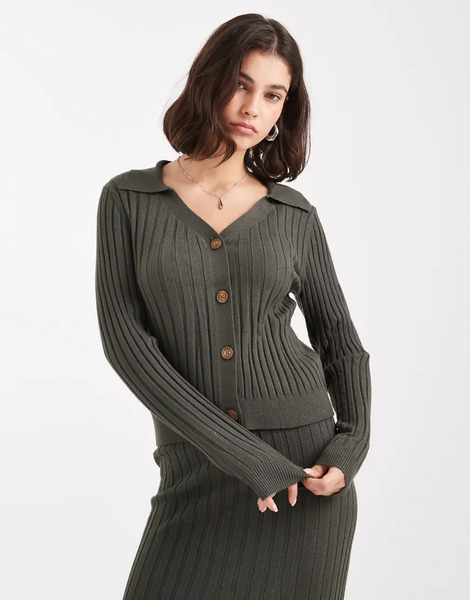  Object Rib Knitted Button Front Polo Co Ord In Deep Khaki Green 