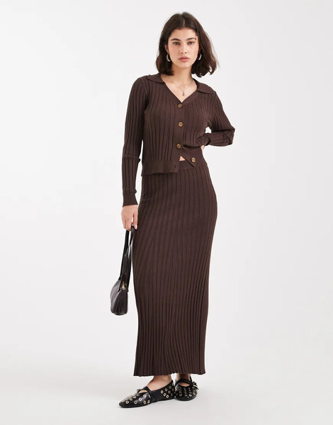  Object Rib Knitted Maxi Skirt Co Ord In Chocolate Brown 