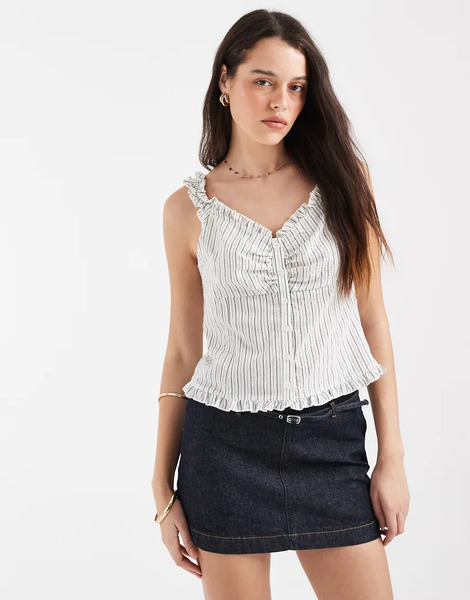 Object Ruched Shoulder Button Front Top In White Stripe 