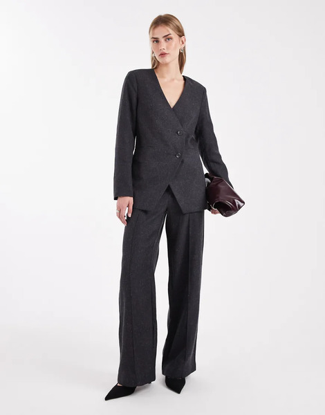  Object Seam Front Tailored Wide Leg Trouser Co Ord In Dark Grey Melange 