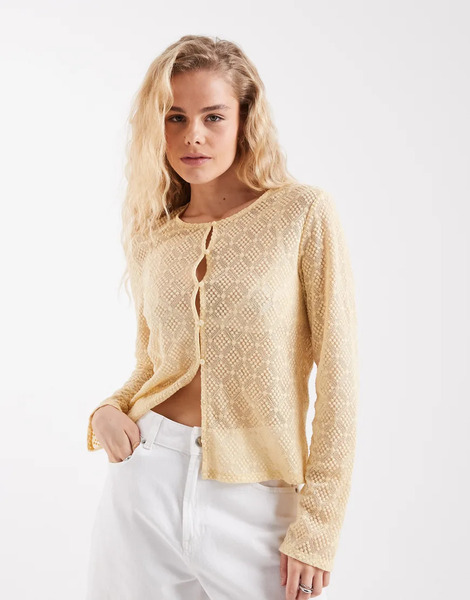  Object Sheer Pattern Jersey Button Front Cardigan In Sunlight Yellow 